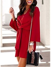 Miessial - Vestido de gasa de manga larga para mujer con cuello en V