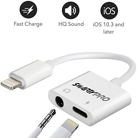 2-IN-1 Lightning Adapter Splitter by Smartypro, 8-PIN 3.5mm Audio Headphone Jack and Lightning Adapter and Charger for Apple iPhone X / 8 / 8 Plus / 7 / 7 Plus, White