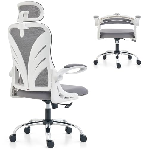 HOLLUDLE Office Chair with Folding Backrest, Ergonomic Computer Chair with 2D Headrest, Folding Armrests and Mesh Lumbar Support Office Seat, White