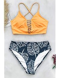 Bikini de encaje con estampado de hojas y amarillo para dama