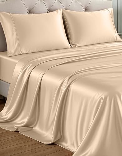 Casa Platino King Satin Sheet Set - 4 Piece Set with 15 Inch Deep Pocket Fit, Super Soft and Lightweight King Sheet Sets, Designed for Hair Breakage Prevention and Comfortable Cooling Sleep - Beige