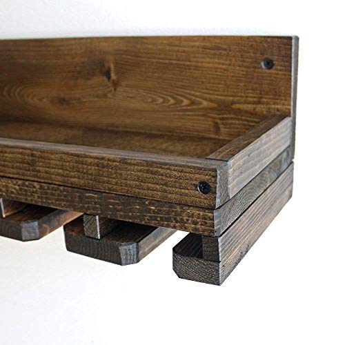 Rustic Wood Wine Glass Rack & Shelf with Beveled Stemware Glass Holders