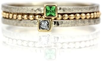 Petite Princess Diamond &amp; Square Green Tsavorite Garnet Two Tone Hammered Stacking Rings with Petite Granule Ring Band Set - 14k Palladium White Gold &amp; Yellow Gold