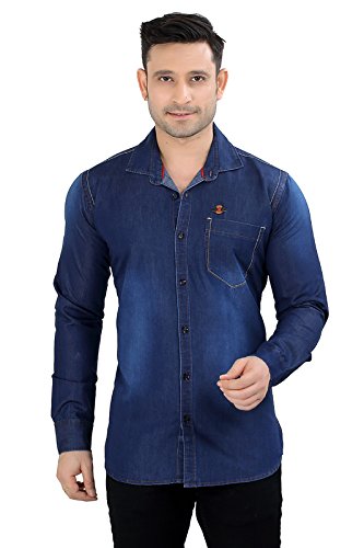 meraki by private image solid blue single pocket denim shirts