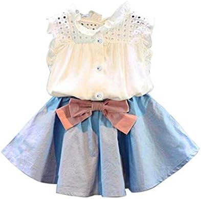 ❤️Little Kid Clothes,2-7 Years Girls Skirt Sets Vest T-Shirt+Bowknot Short Skirt Set