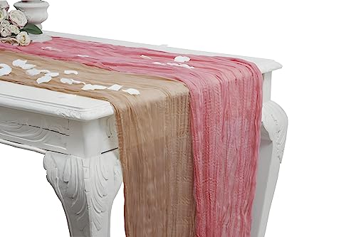 2 Pcs 1 Beige & 1 Rotten Apple Cheesecloth Table Runner with Rose Petals - Gauze Table Runner 13.3 Ft - Rustic Table Runner Boho for Baby Shower Decorations, Bridal Shower, Wedding Decorations