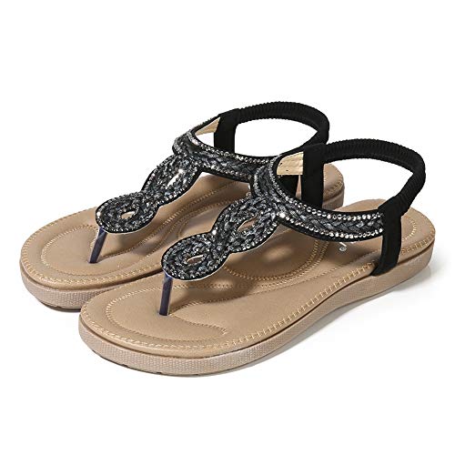 Meeshine Womens Summer Beach Flat Sandals Rhinestone Shiny Beads Slip On Flip Flops Thong Shoes(7 B(M) US,Black 07) - Thumbnail 3