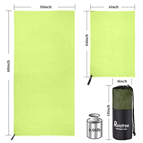 Relefree Premium Microfiber Towel for Travel, Sports & Outdoors FREE Hand/Face Towel & Mesh BAG, Antibacterial Quick-dry (Green)