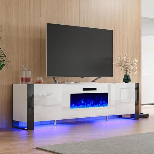 Jocisland 70" Fireplace TV Stand with 36" Electric Fireplace, Entertainment Center with High Gloss Doors & LED Lights, Modern Entertainment Stand for TVs up to 80", All White