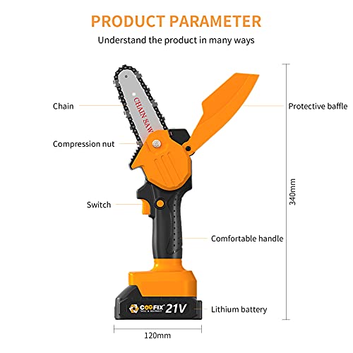 Coofix Mini Chainsaw Cordless,4-Inch One-Hand Handheld Electric Power Small Chain Saw,21V Portable Battery Chainsaw for Garden Farm Orchard Tree Trimming and Branch Wood Cutting