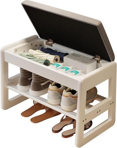 AQIMUELE Shoe Bench Cushion, 2 Levels, Shoe Bench with Folding Lid, Wooden Shoe Rack for Entryway, Hallway 60 cm (White)