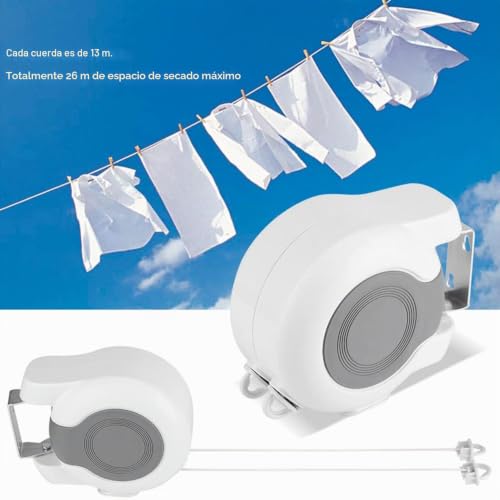 Retractable Clothesline 2 Ropes, 26 m (2 x 13 m) Heavy Duty and Adjustable Rope Extendable Clotheslines for Outdoor and Indoor, Clothing, Towels and Bed Linen