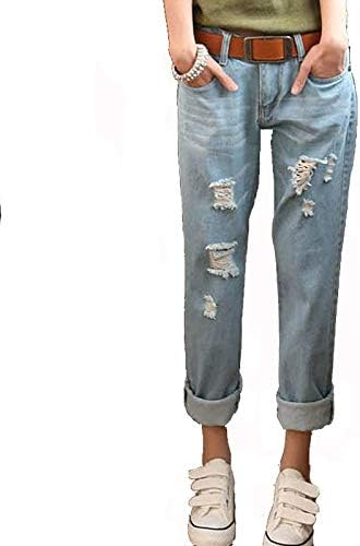 Amazon デニムパンツ ライトウォッシュ ボーイフレンドデニム ダメージジーンズ ジーパン クラッシュ ロールアップ レディース ボトムス ジーンズ 通販