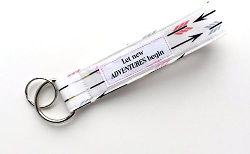 Trendy EarthKeychain Wristlet - Let new Adventures begin - Key Wrist Lanyard with Pink Arrows Organic Fabric