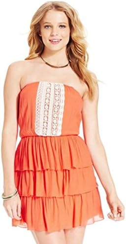 Trixxi Womens/Juniors Embroidered Tiered Strapless Mini Blouson Coral Dress (Medium)