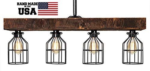 Farmhouse Lighting-Reclaimed Wood from Early-1900s-Rustic Lighting for Kitchen Island Lighting, Dining Room, Bar, Industrial, and Billiard Table-Wooden Light with Edison Cages