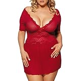Plus Size Lingerie Sexy Deep V Short Sleeve Red Sleepwear with V-String (3XL)