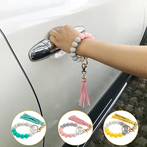 Silicone Beaded Bangle Keychain Wristlet for Women Leather Tassel(Emerald)