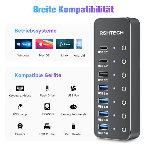 USB 3.2 Hub Powered, RSHTECH 7-Port USB 3.2/C Hub with 3*10Gbps Data Ports (USB-A, 2*USB-C), 4*5Gbps USB 3.0 Ports, Touch Switch, 2-in-1 Data Cable, 15W(5V/3A), RSH-ST07C