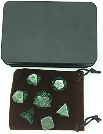 Momostar 7pcs Polyhedral Metal dice, Solid Metal Role Playing Game Dice Set with Black Iron Box(Obsidian Black Surface Green Numbers)