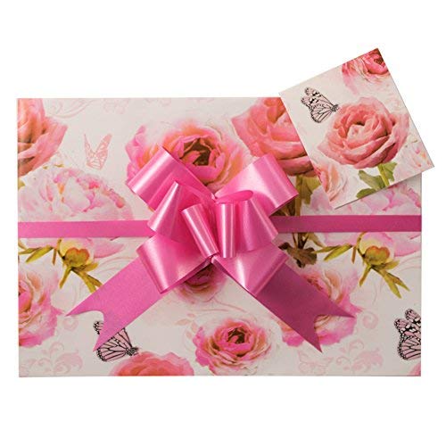 Pink Roses and Butterflies Gift Wrap Pack, 2 Wrapping Paper Sheets, 2 Tags and 2 Cerise Pull Bows. Female Birthday Gift Present,