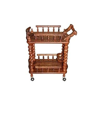 Desi Karigar Wooden Carved Serving Cart (Brown, Height - 31 inches, Width - 30 inches, Depth - 18 inches)