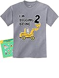 2nd Birthday - Bulldozer Construction Party Two Years Old Boy Toddler Kids T-Shirt 2T Gray