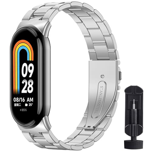 BANGTING Steel Straps Compatible with Xiaomi Mi Band 8 and Xiaomi Smart Mand 8, Replacement Metal Strap and 2 Screen Protectors for Mi Band 8