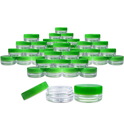(Quantity: 50 Pieces) Beauticom 3G/3ML Round Clear Jars with GREEN Lids for Scrubs, Oils, Toner, Salves, Creams, Lotions, Makeup Samples, Lip Balms - BPA Free