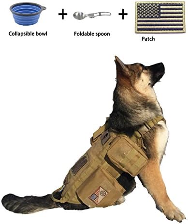 Military Tactical Service Dog Training Vest Molle Dog Harness Camping Hiking Traveling Nylon Adjustable Coat with 3 Detachable Pouches For Medium & Large Dog –Brown L– by YJG