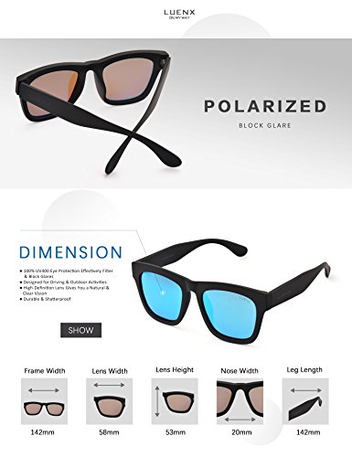 LUENX Mens Wayfarer Polarized Sunglasses UV 400 Protection Mirror Blue Lens Black Frame 58MM,by with Case