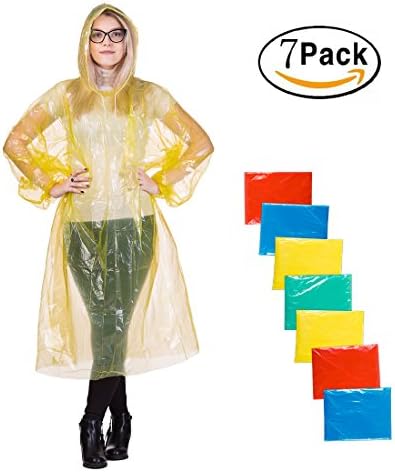 Rain Poncho - Portable &amp; Disposable - Emergency Rain Ponchos 100% Waterproof - With Drawstring Hood And Elastic Sleeve - 50% Thicker - 7 PACK for Adults - Poncho for Men Women