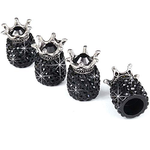 Valve Stem Caps, 4 Pack Handmade Crystal Rhinestone Universal Car Tire Valve Caps Chrome,Attractive Dustproof Bling Car Accessories - Black Diamond Crown - Thumbnail 2