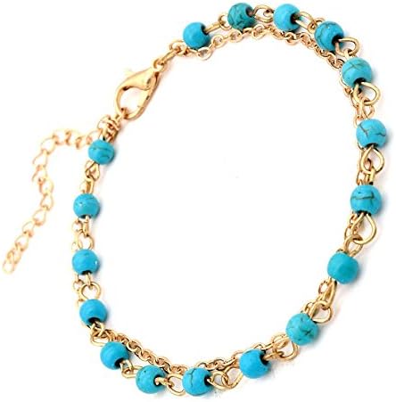 Turquoise Bead Bracelet by LANCHELA Turquoise Gemstone Jewelry Bracelet 14K Gold Filled Chain, Adjustable, Elegant Everyday