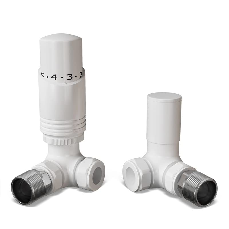 UK Radiators White Thermostatic Radiator Valve 15mm Corner Lockshield Valve in White Color and Gloss Finish - Classy and Modern Design 1/2" x 15mm Corner Radiator Valve