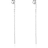 Solid 925 Sterling Silver Tiny Cute Heart Dangle Earrings Chain for Women, Threader Earrings Dangle Earrings Double Piercing Earrings