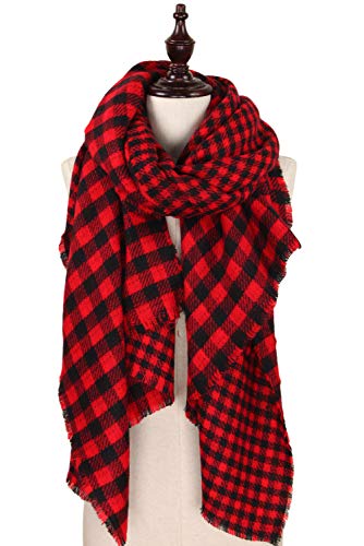 StylesILove Women Stylish Double Side Buffalo Check Oversized Scarf Large Shawl with Fringe Edges (Red)