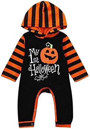 Newborn Baby Boy Girl My 1st Halloween Clothes Jumpsuit Long Sleeve Pumpkin Printed Striped Romper Outfit Set