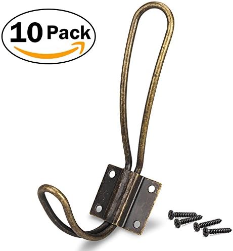Big Wall Coat Hooks/ Entryway Hooks - Rustic Iron Vintage Bronze Double Coat Hangers - Wall Mounted (Screws included), Pack of 10