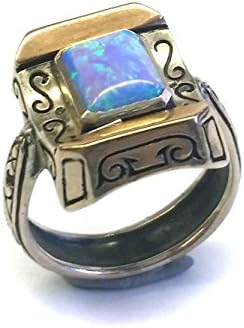 Handmade One of a Kind Unisex Engraved Opal Signet Ring in 14k Rose Gold and Sterling Silver, Size 8