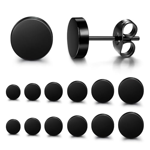 FIBO STEEL Black Stud Earrings for Men Women Stainless Steel Mens Earrings Hypoallergenic Round CZ Square Black Earring Studs Set 6 Pairs 3mm-8mm