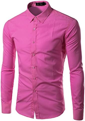 Mada Mens Casual Long Sleeve Business Dress Shirt Solid Slim Fit Shirt, Rose Red, Asian XX-Large/US Medium