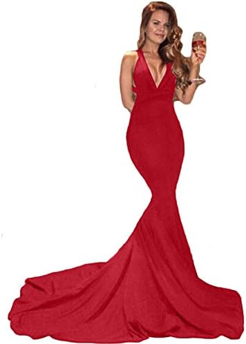 Sweet Bridal Women's Mermaid Evening Party V-Neckline Backless Prom Dress Long Red US2