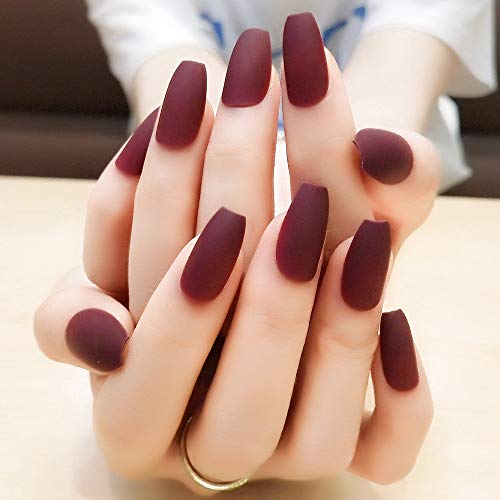 Aegenacess 24Pcs False Nails Medium Long Coffin Fake Design Red Matte Press On Gel Nail Acrylic Artificial Manicure Tips French With Double Sided Stickers for Women and Girls