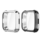 Fintie Compatible Fitbit Versa Case [2-Pack], Soft TPU Plated Screen Protector Rugged Cover All-Around Protective Bumper Shell for Fitbit Versa Smartwatch, Black, Silver