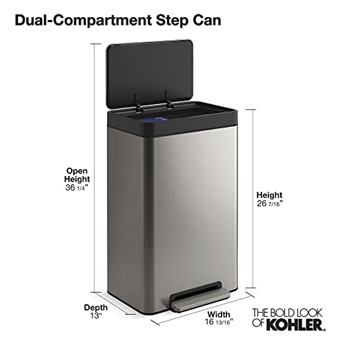 Kohler Step Trash Can, 11 Gallon Dual Compartment, Black Stainless