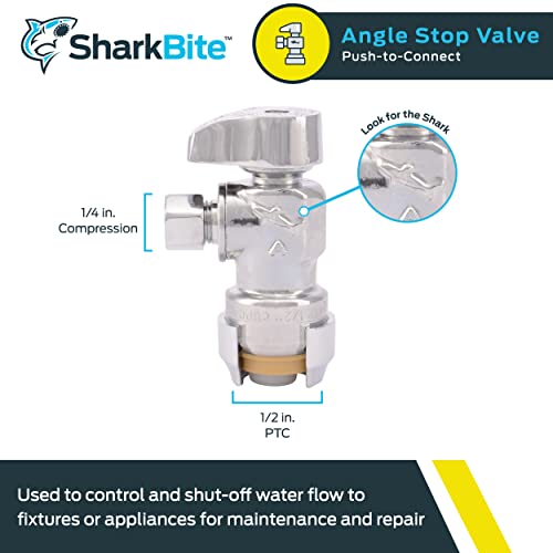 SharkBite Compression Angle Stop Valve Quarter Turn, Push To Connect Brass Plumbing Fitting, PEX
