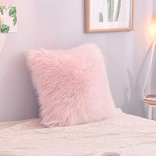 FuLanDe Super Soft Plush Pillow Case, Mongolian Faux Fur Pillow Cover Cushion Decorative Throw Pillow Cover For Sofa Bed(18 X 18 Inch) (Pink)