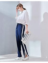 Pantalones de dama casuales rectos para dama, cintura dividida, botones laterales, rayas, color azul