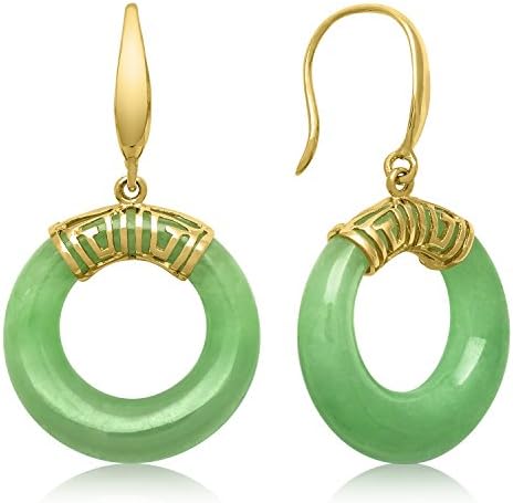 14K Yellow Gold Natural Green Jade Drop Dangle Hoop Earrings for Women